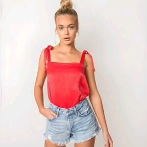 Superdown Andrea Tie Strap Bodysuit Womens XS Red Bows Blouse Satin Summer Tank